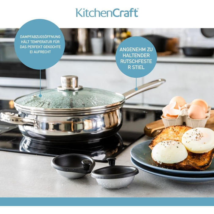 Каструля для приготування яєць-пашот KitchenCraft, антипригарна, з нержавіючої сталі, для 6 яєць, індукційна, 26 см, срібляста