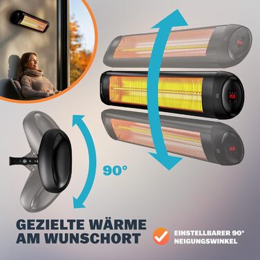 Інфрачервовий обігрівач MONZANA® MZH2501 з таймером, 2500W, 3 режими, 24 год, пульт ДУ, кут нахилу 90°, електричний, для тераси, чорний