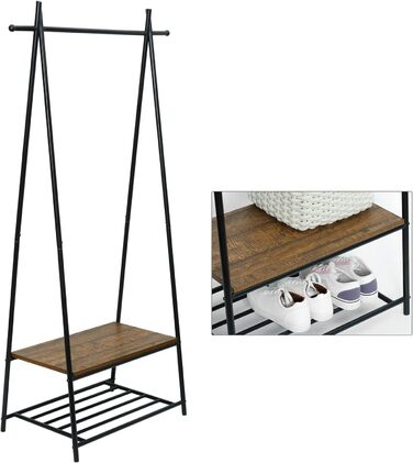 Coat rack, clothes rail, coat rack with shoe storage, metal frame, for hallway, living room and veranda, retro-industrial clothes rack, 64cm x 41cm x 162cm, retro brown-black