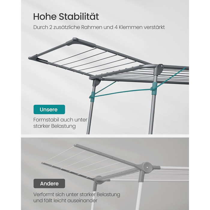 SONGMICS Сушарка для білизни на підставці, сіра, 52.5 x 173 x 96.5 см, з тримачем для шкарпеток, для одягу, рушників, металева