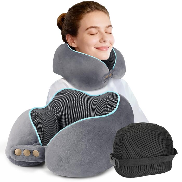 Подушка для шиї дитяча та доросла з Memory Foam 220г, ергономічна, регульована, сіра. Для подорожей літаком, авто та потягом.