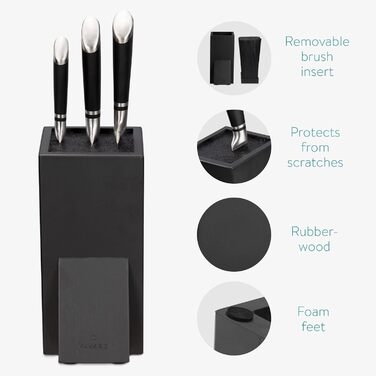 Navaris Acacia Wood Knife Block with Bristle Insert - Unfitted Knife Block made of Wood - Universal for Kitchen Knives, Chef's Knives, Cooking Utensils - Black