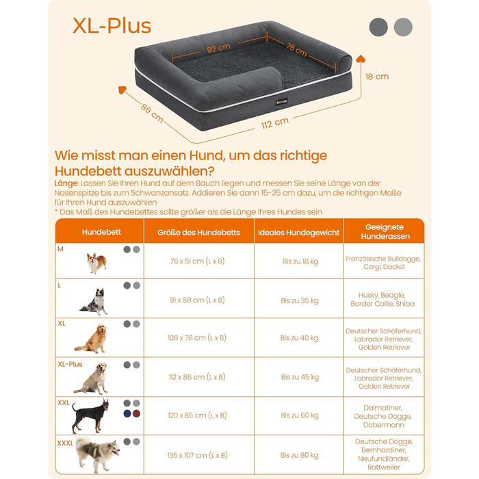 Ортопедичне ліжко для собак Feandrea, м'яке, з піднятими бортиками, знімний чохол, 112 x 86 x 18 см, темно-сірий