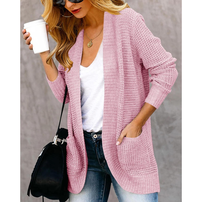 Жіночий в'язаний кардиган Saodimallsu з довгим рукавом, оверсайз, легкий, м'який, з кишенями, оливковий (XL, Рожевий)