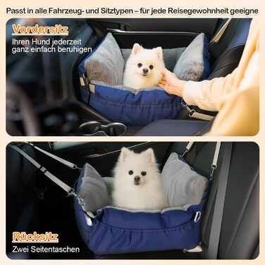 Автокрісло для собак 3-в-1 – переносна ліжко для маленьких собак, з розкладною поверхнею, м'яким матрацом, для переднього або заднього сидіння, внутрішнє та зовнішнє використання (04-Blau)