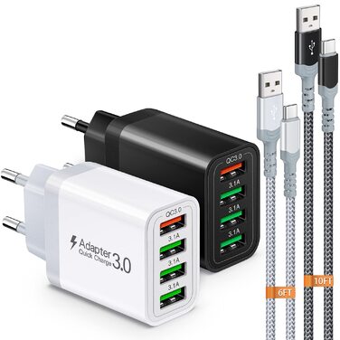 Зарядний пристрій USB 33W QC 3.0, 4 порти + 2 кабелі USB-C (2м/3м) для Samsung Galaxy, iPad Pro, LG, Sony - чорний/білий