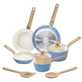 Набір посуду GoodCook керамічний 10 предметів: каструлі, сковороди, пароварка, лопатки, половник, антипригарне покриття, блакитний