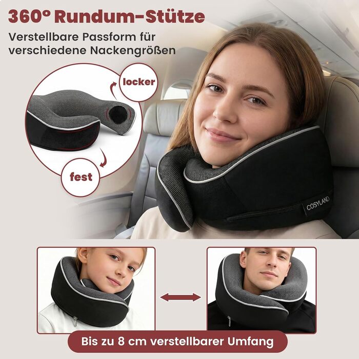 Подушка для шиї COSYLAND для літака та авто - Memory Foam, 360° підтримка, регульована, чорна. З маскою для сну та берушами