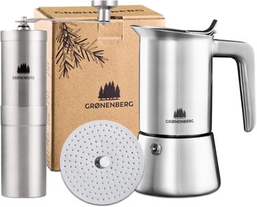 Espresso Maker | High-Quality Espresso Maker Suitable for Induction Made from High-Quality Stainless Steel | Moka Pot for Coffee Lovers (4 Cups + Coffee Grinder)