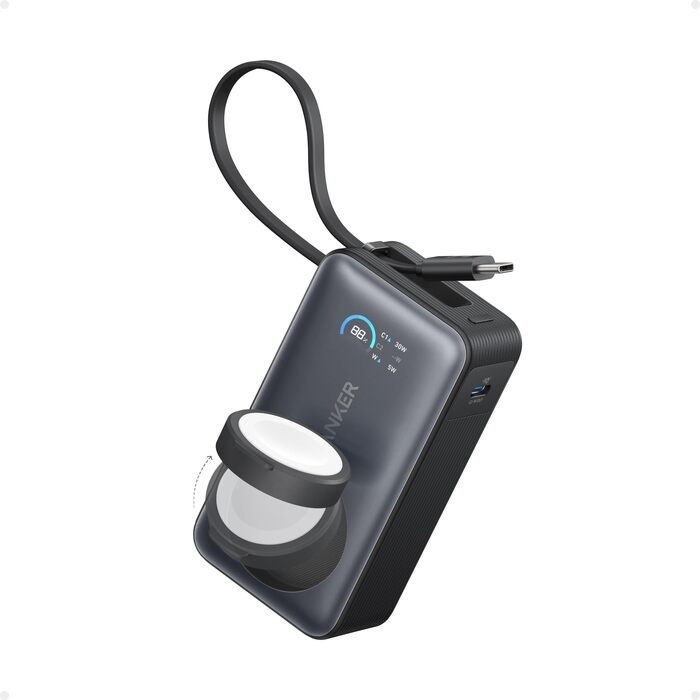 Повербанк Anker MagGo 10000mAh для Apple Watch та iPhone 17/16/15, Samsung, iPad, AirPods, 35W Max, вбудований кабель USB-C, сертифікований, чорний