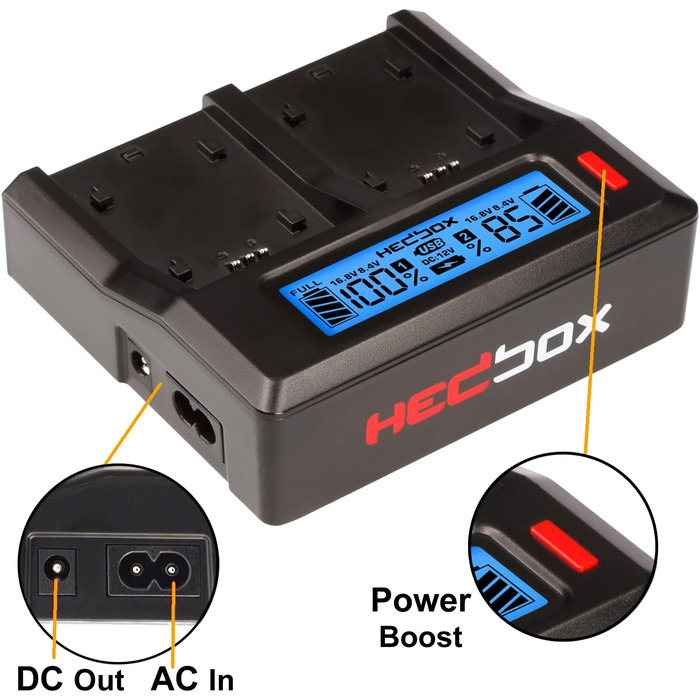 Зарядний пристрій HEDBOX 2-портовий з LCD-дисплеєм для акумуляторів Sony NP-F550, F770, F970 та Hedbox RP-NPF550, NPF770, NPF970, NPF1000