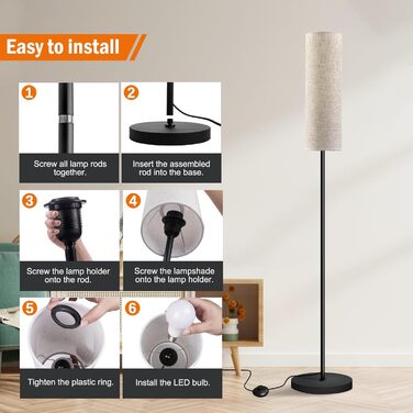 Стійка лампа для вітальні з 3 колірними температурами, 12W E27, бавовняний абажур, вимикач на нозі, LED диммер, підходить для спальні, читання, офісу (сучасний)