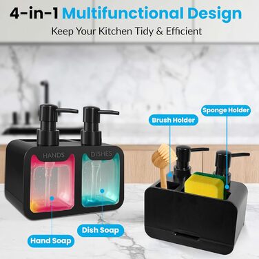 Набір диспенсерів для кухні: дозатор миючого засобу та мила, тримач для губки та щітки - 4 в 1 для раковини
