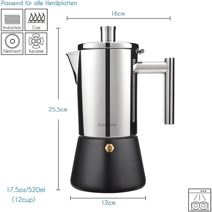 Easyworkz Diego Stovetop Espresso Maker, Stainless Steel, Italian Coffee Machine, Moka Pot for 6 Cups, 300 ml Espresso Pot for Induction (520ml, Black)