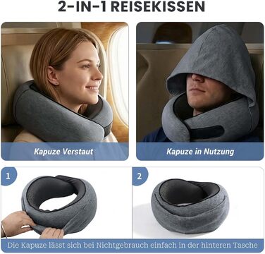 Подушка для подорожей з капюшоном, Memory Foam, темно-сіра. Підтримка шиї для літака, авто та дому