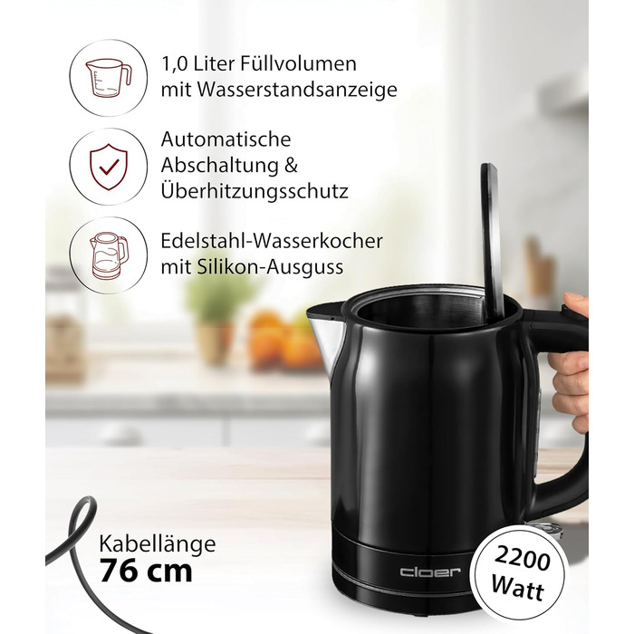Електричний чайник Cloer 4511 з нержавіючої сталі, 2200 Вт, індикатор рівня води, захист від сухого кипіння та перегріву, 1 літр, чорний