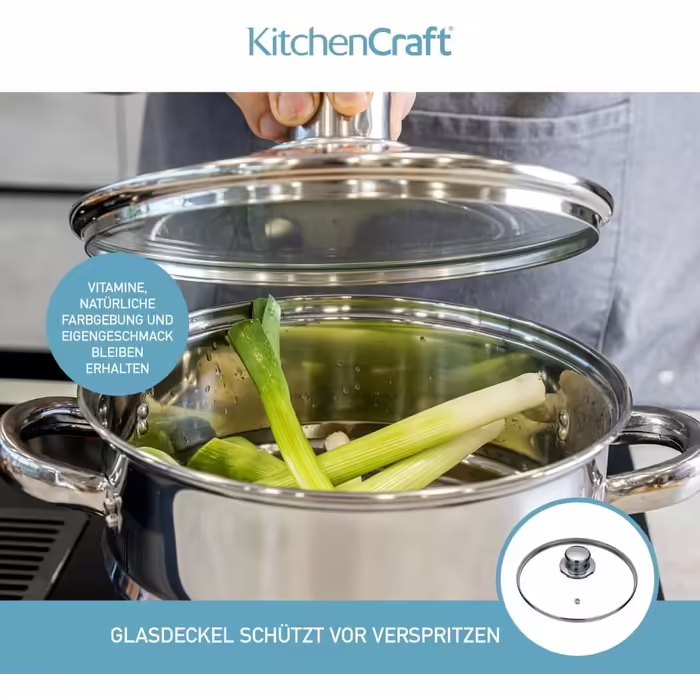 Пароварка KitchenCraft з 3 рівнями, універсальна вставка з нержавіючої сталі для каструль 16/18/20 см, срібляста