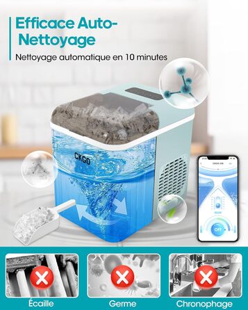 Smart Ice Maker Machine with WiFi Control - 15kg/24h, Fast Ice Production (6 mins), Self-Cleaning, 2 Sizes, Blue - for Kitchen, Office, Bar, Party, RV