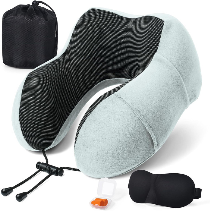 Подушка для шиї SOMLAW (2 шт.) з memory foam, ергономічна, для подорожей, літака, авто, офісу, з маскою для сну та берушами (сіро-білий)
