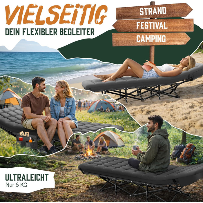 Ліжко кемпінгове розкладне ELONEO NEU Преміум з навантаженням до 200 кг | Гостьове ліжко, лежак для відпочинку в приміщенні та на вулиці | З сумкою для транспортування (Антрацит)