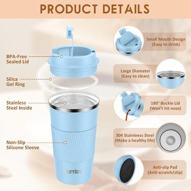 Термокружка для кави та чаю KETIEE 510мл, подвійні стінки, з кришкою, оливковий колір