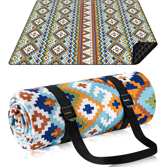 Килимок для пікніка SOMLAW вологостійкий, великий (200x200 см) для 4-6 осіб, з ручкою, Boho стиль, ідеальний для кемпінгу та пляжу