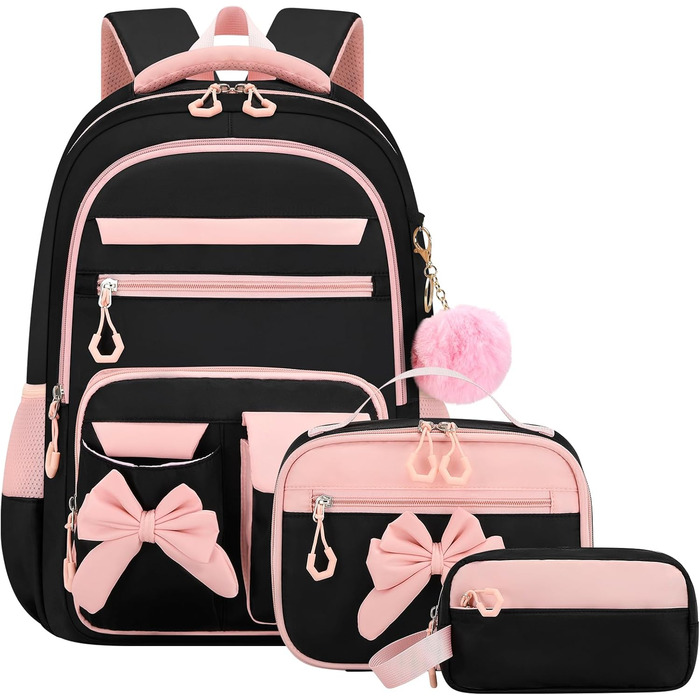 Шкільний рюкзак для дівчинки 3 в 1: рюкзак, ланч-бокс, пенал. Kawaii дизайн, 3-7 клас, антикрадійний, 24L (рожево-чорний)