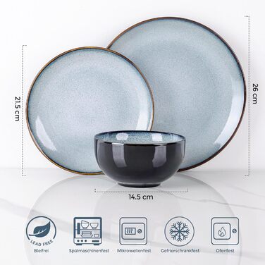 Набір посуду LeRatio для 8 осіб: 24-елементний набір посуду з кераміки з реактивною глазур'ю, стійкий до подряпин, набір тарілок та мисок, придатний для миття в посудомийній машині та використання в мікрохвильовій печі (Ozeanblau, 18 частин)
