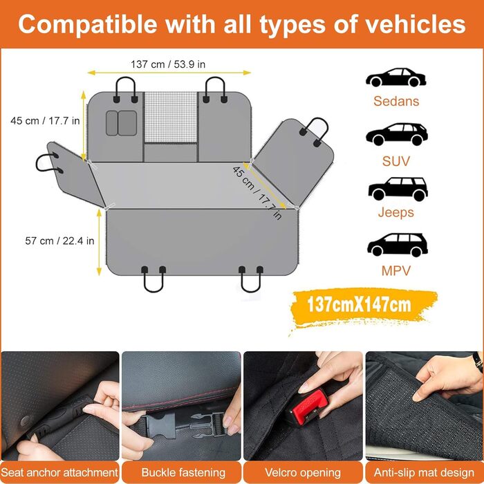 Накладка на сидіння автомобіля для собак, 147 см, водонепроникна, з віконцем, 600D Oxford, для SUV та універсалів