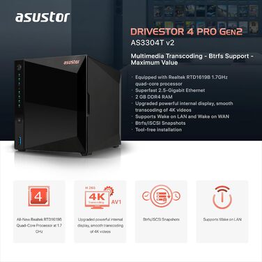 Asustor Drivestor 2 Lite AS1102TL: NAS сервер з 4 відсіками, 1 ГБ RAM DDR4, 1GbE порт, Quad Core процесор 1.7GHz (без дисків)