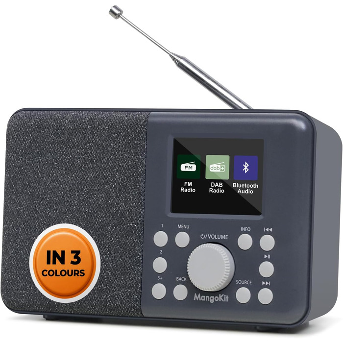 Портативне цифрове радіо MD3 DAB/DAB+/FM з Bluetooth, динаміком та навушниками, 40 станцій, будильник, годинник, таймер, кольоровий дисплей, батарея та мережа (темно-сірий)