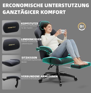 Ігровий крісло Dowinx з ергономічною підтримкою попереку, мікрофіброю велюром, товстим сидінням, висувною підніжкою, регульованими підлокітниками, нахилом 160°, сірий/темно-сірий колір