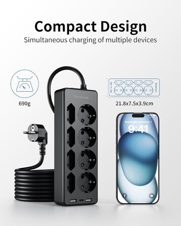 Мережевий фільтр Sameriver 8-фазний з захистом від перенапруги, 3 USB, вимикач, кабель 3M, чорний