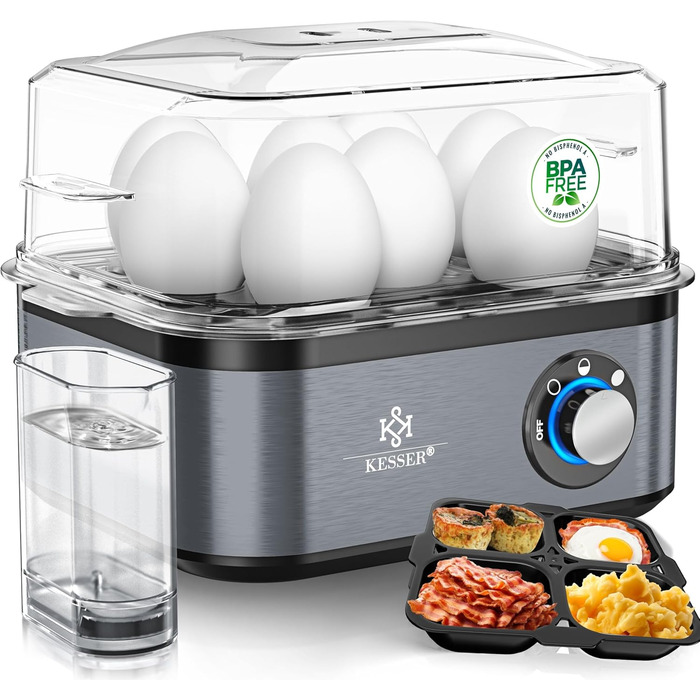 Електричний яйцеварка KESSER® на 1-8 яєць з нержавіючої сталі, 500W, з функцією підігріву, LED-регулятор, 3 ступені нагріву, BPA-Free, придатний для миття в посудомийній машині, мірний стакан, тримачі для яєць та форма для омлету, колір: антрацит