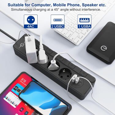 Мережевий фільтр KEPLUG з USB (4000W, 16A) - 6 розеток, 3 USB, індивідуальне вмикання, захист від дітей, 2м кабель, чорний