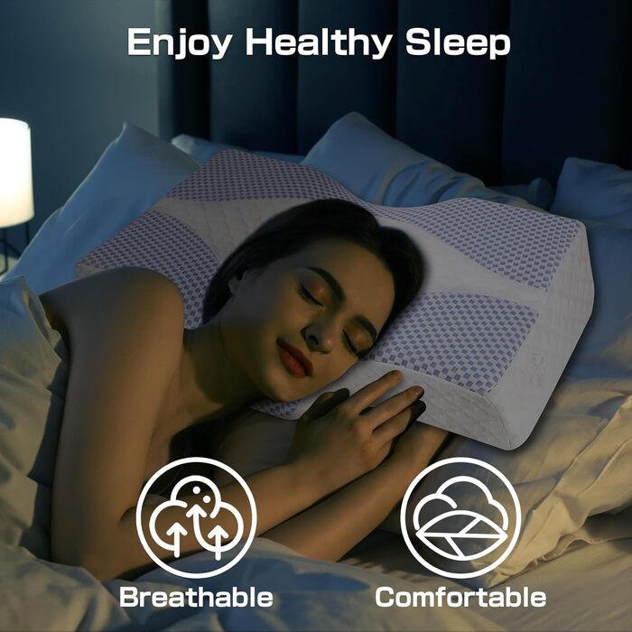 Подушка Hydomi з піною з пам'яті для шиї та плечей, ортопедична подушка для сну, регульована ергономічна подушка для сну на боці, спині та животі - порожниста конструкція, сіра та біла (03-блакитно-біла)