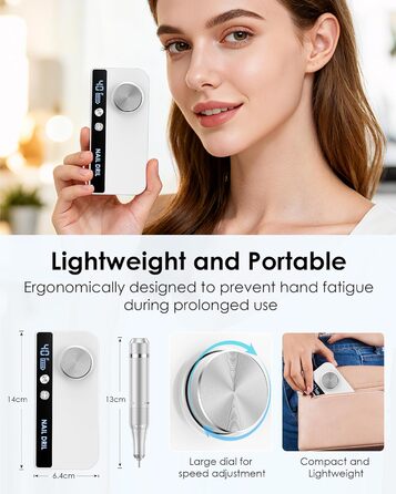 Електричний фрезер для нігтів з LCD дисплеєм, 40000 об/хв, 15 насадок, для манікюру та педикюру, F/R напрямок обертання, для салону та дому (білий)