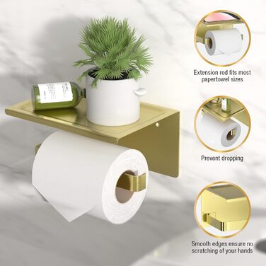 Тримач туалетного паперу HITSLAM без свердління, нержавіюча сталь з полицею, самоклеючий, для ванної кімнати, щіткова мідь