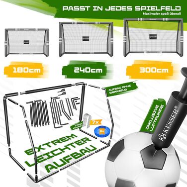 Ворота для футболу KESSER® для саду: міцні, для тренувань та стрільби, з UV-стійкою сіткою, сталевий каркас з підкладкою, фіксатори для землі, насос, конуси, аксесуари для монтажу (240см, антрацит)