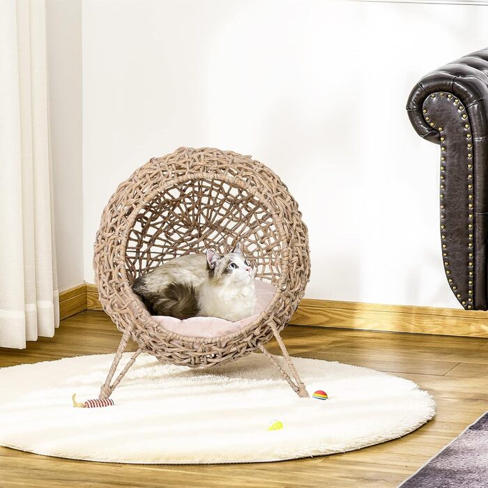 PawHut Rattan Cat House with Cushion, Cat Sleeping Place, Cat Cave with Raised Feet, Natural Ø52 x 58 cm