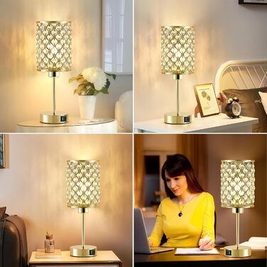 Кристалева лампа GyroVu Kristall для столу та приліжкові лампи з регулюванням яскравості, сенсорне керування, USB A+C порти, золотий колір, для вітальні та спальні (з лампочкою)