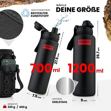 Stainless Steel Water Bottle with FREE Carrying Bag - 700ml - BPA-Free, Leakproof and Dishwasher Safe Thermo Insulated Bottle - Double-Walled Thermos Flask, Sports, Outdoor (Black Edition)