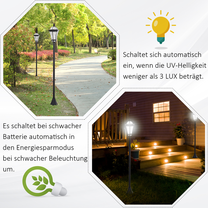 Outsunny 2-St Solar Street Light LED, IP44, ABS, Ø18.5 x H129 cm, Energy Saving Mode, Waterproof, Garden Light with Stainless Steel, Black | Aosom