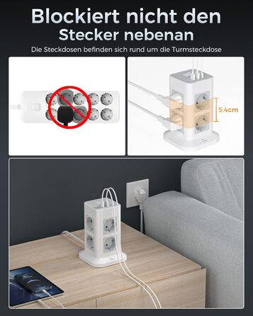 Багаторозкладна мережева панель TESSAN з захистом від перенапруги, 3600W, 16A, 8 розеток, USB-C, 2м кабель, сірий колір