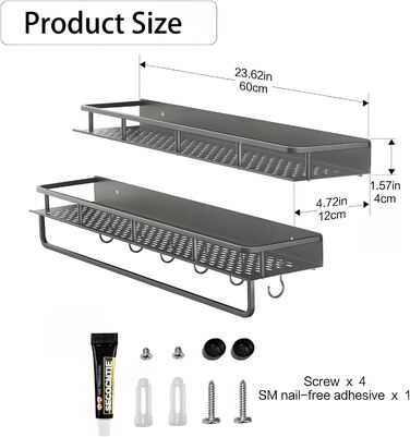 Поличка для душу Devesanter без свердління, 2 шт. - органайзер для ванної кімнати з тримачем для рушників та 6 гачками (60 см, сірий)