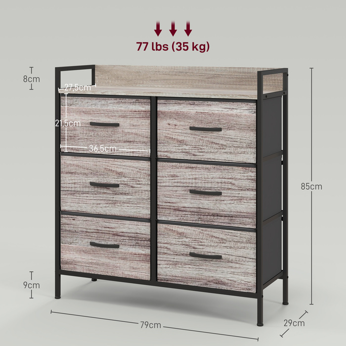 HOMCOM 6-Drawer Fabric Storage Chest of Drawers, Storage Cabinet, Dresser-Style Unit with Wood-Look Finish, Handles, Steel Frame, Industrial Design Sideboard for Living Room - Grey | Aosom