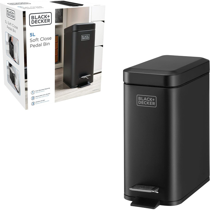 Третеїмер BLACK+DECKER BXBN0007E з м'яким закриттям кришки, нержавіюча сталь, 30 x 14 x 29 см, 5 л, чорний