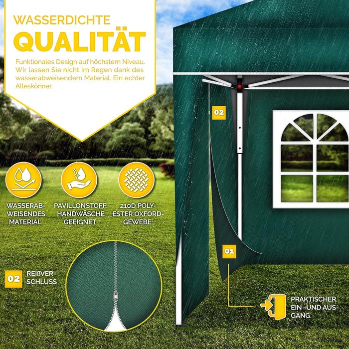 Waterproof Gazebo | Pop-Up Folding Gazebo, Adjustable Height | Garden Tent with UV Protection 50+ | Party Tent with Bag for Garden (3x3m - with 4 Side Walls, Green)