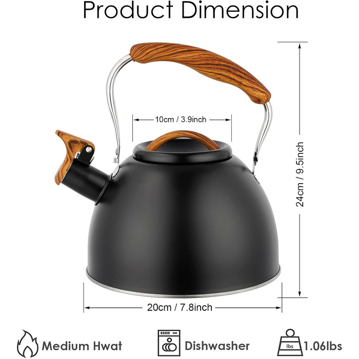 Чайник заварний з нержавіючої сталі 3л з дерев'яною ручкою та свистком, ретро стиль для плити (газ, індукція)