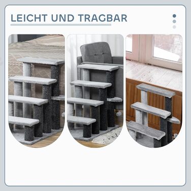 PawHut 4-Step Pet Stairs with Scratching Posts, Ball, Dog Stairs, Animal Stairs for Cats up to 5 kg, Plush Jute Grey, 60 x 40 x 64 cm